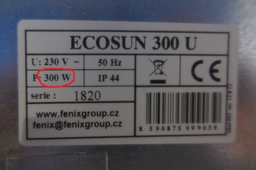 Ecosun infrared heater lable showing its 300 watts energy use